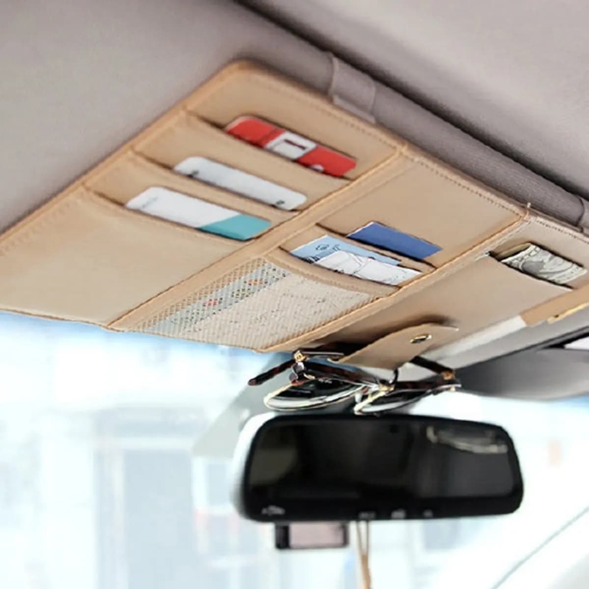 Organizer Multifunzionale per Parasole Auto, Borsa Portaoggetti Beige con Cerniera, Accessorio Auto per Telefono, Carte e Biglietti