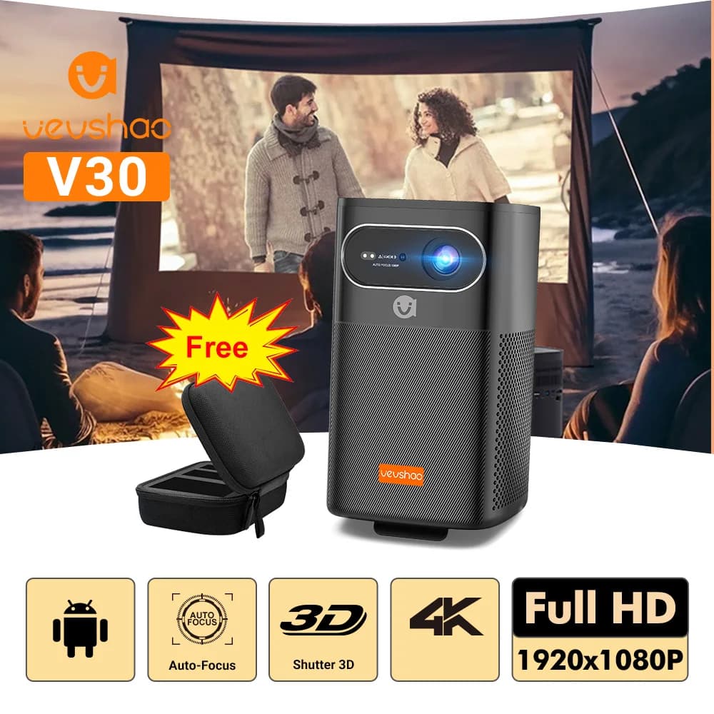 VEVSHAO V30 Proiettore DLP LED portatile 1080P con batteria incorporata Sistema Android Smart Wifi 3D pronto per uso domestico e esterno