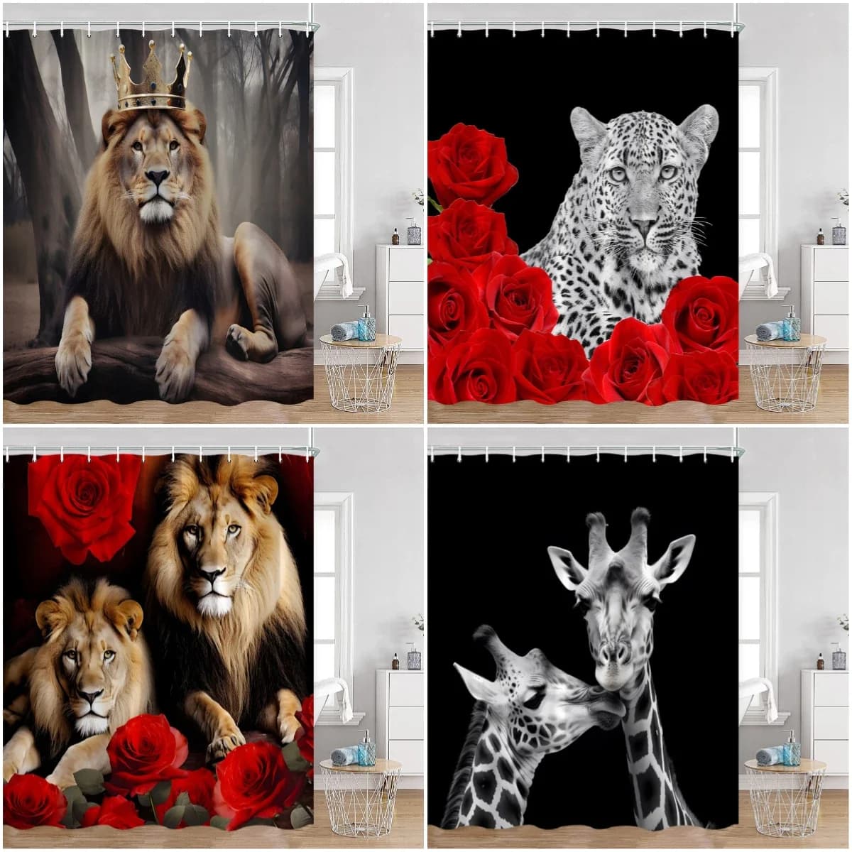 Wild Animals Shower Curtains Lion Tiger Giraffe Roses Bathroom Decorations Modern Fashion Polyester Bath Curtain with Hooks