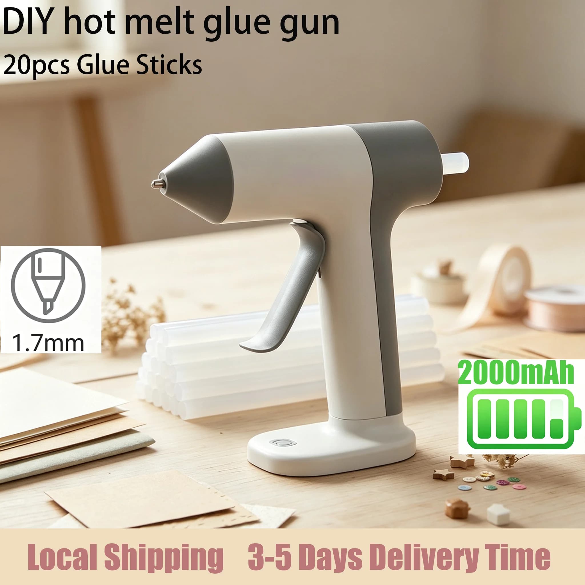 15W Wireless Hot Glue Gun With 2000mAh Battery USB Type-C 20 Glue Sticks 7mmx140mm Auto Shutoff - Ideal For School DIY Crafts And Quick Household Repairs