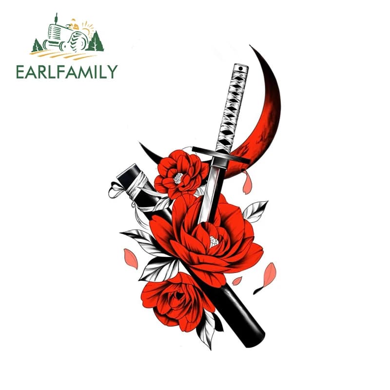 EARLFAMILY Japanese sword with red flower Car stickers Cool Persoanlity Fishing equipment Decalcomanie box for windows ATV Printing