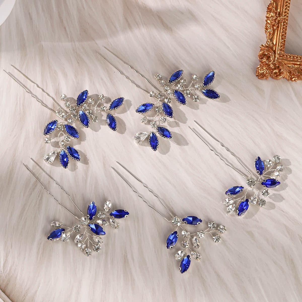 Elegant blue crystal wedding hairpins, fashion leaves, rhinestones, hair clips, headdress for women, jewelry for parties, hair accessories