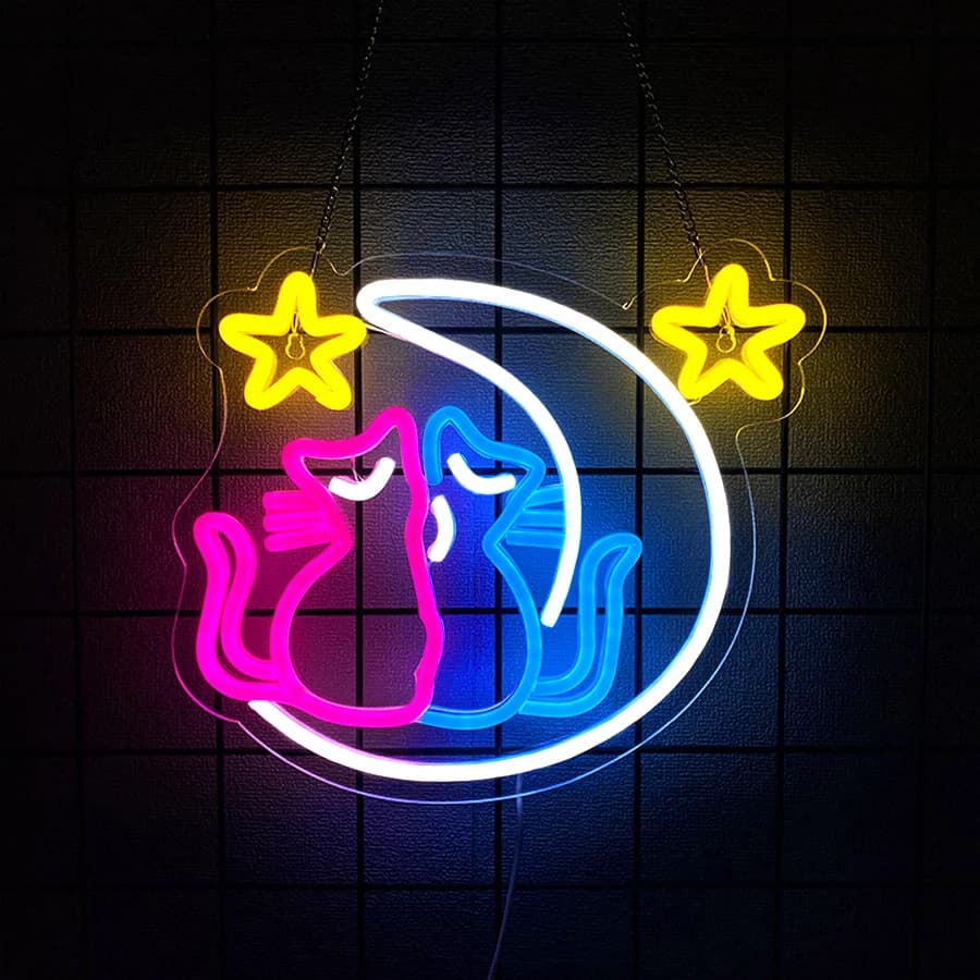 Insegne al neon Moon Cat per decorazione da parete, insegna luminosa a LED per la decorazione della stanza Preppy, insegna illuminata per la decorazione della festa in casa di compleanno