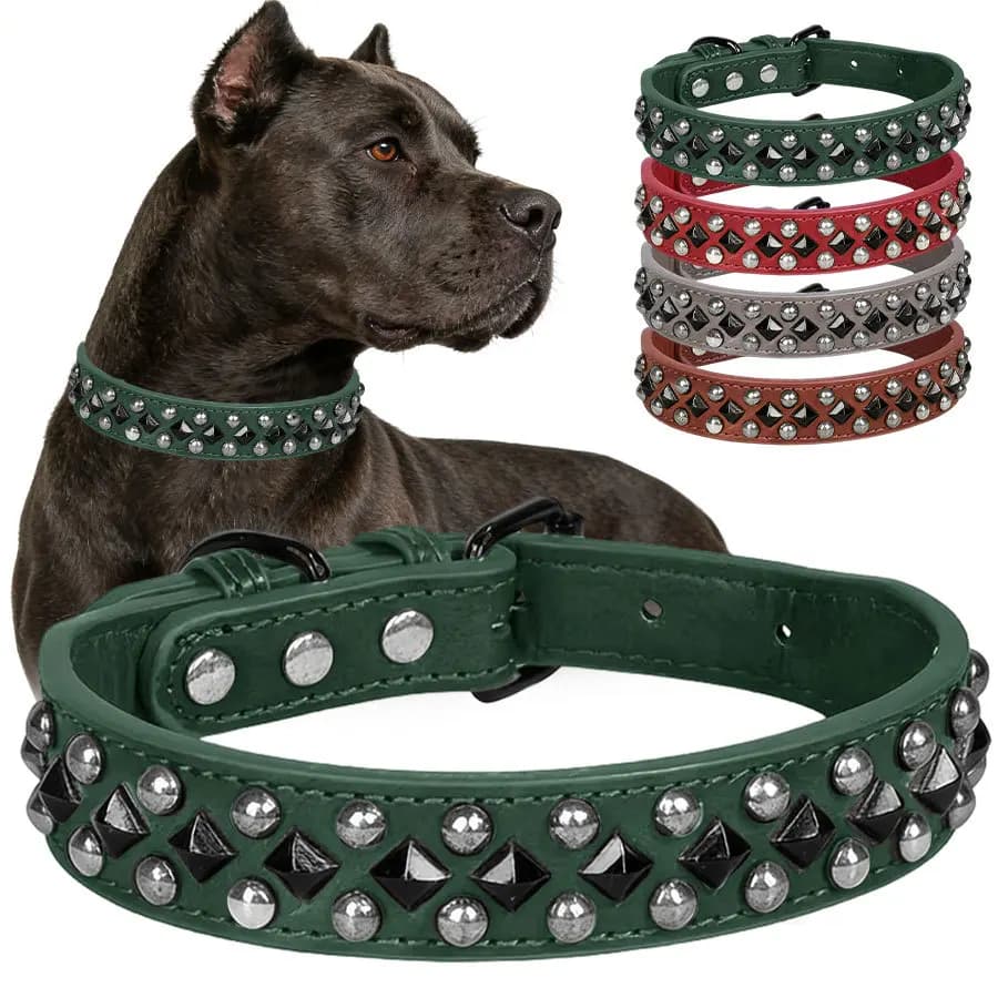 Punk Rivet PU Leather Dog Collar Anti‑Bite Adjustable Pet Collar for Small Medium Large Dogs, Heavy‑Duty Pet Neck Collar