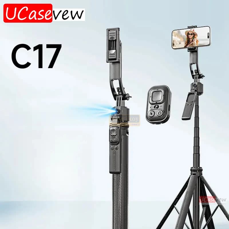 Treppiede C17 con Rotazione Automatica e Tracciamento AI, Otturatore Bluetooth, Luce di Riempimento per Supporto Telefono, Asta Selfie Retrattile Wireless