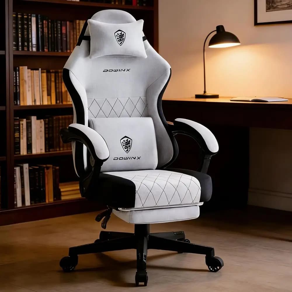 Ergonomic Gaming Chair with Spring Cushion, Massage Lumbar Support, Footrest, Wide Padded Seat, Breathable Fabric - Black and Gr