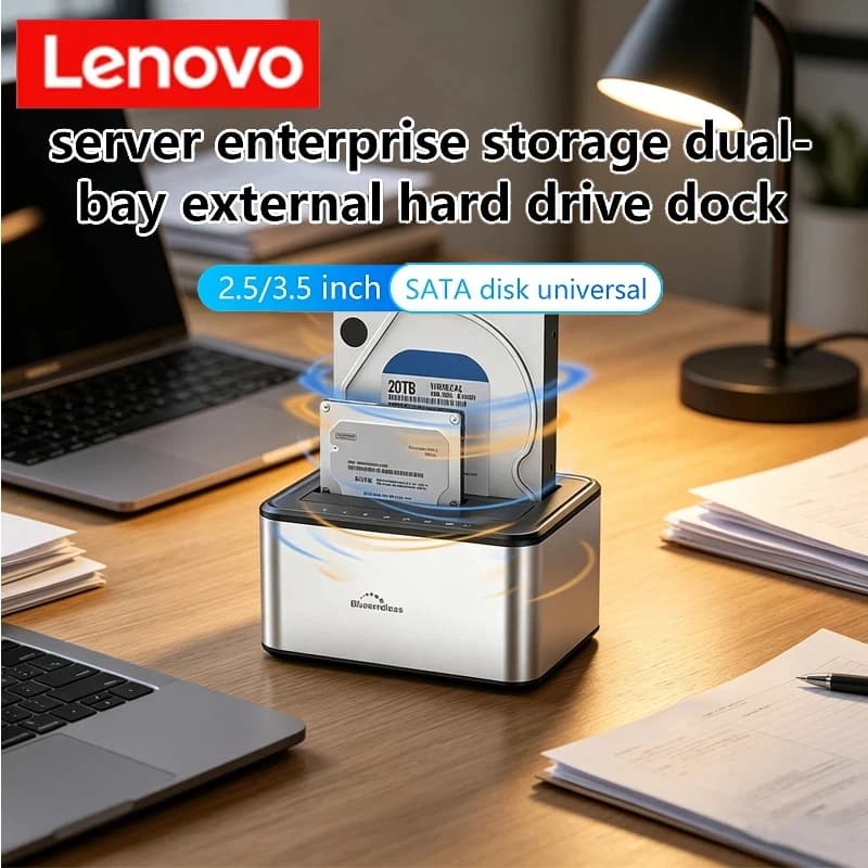 Docking Station Lenovo Dual Bay per HDD e SSD, Enclosure USB 3.0 SATA per Hard Disk, Duplicatore Clone Offline per Dischi da 2.5/3.5 Pollici