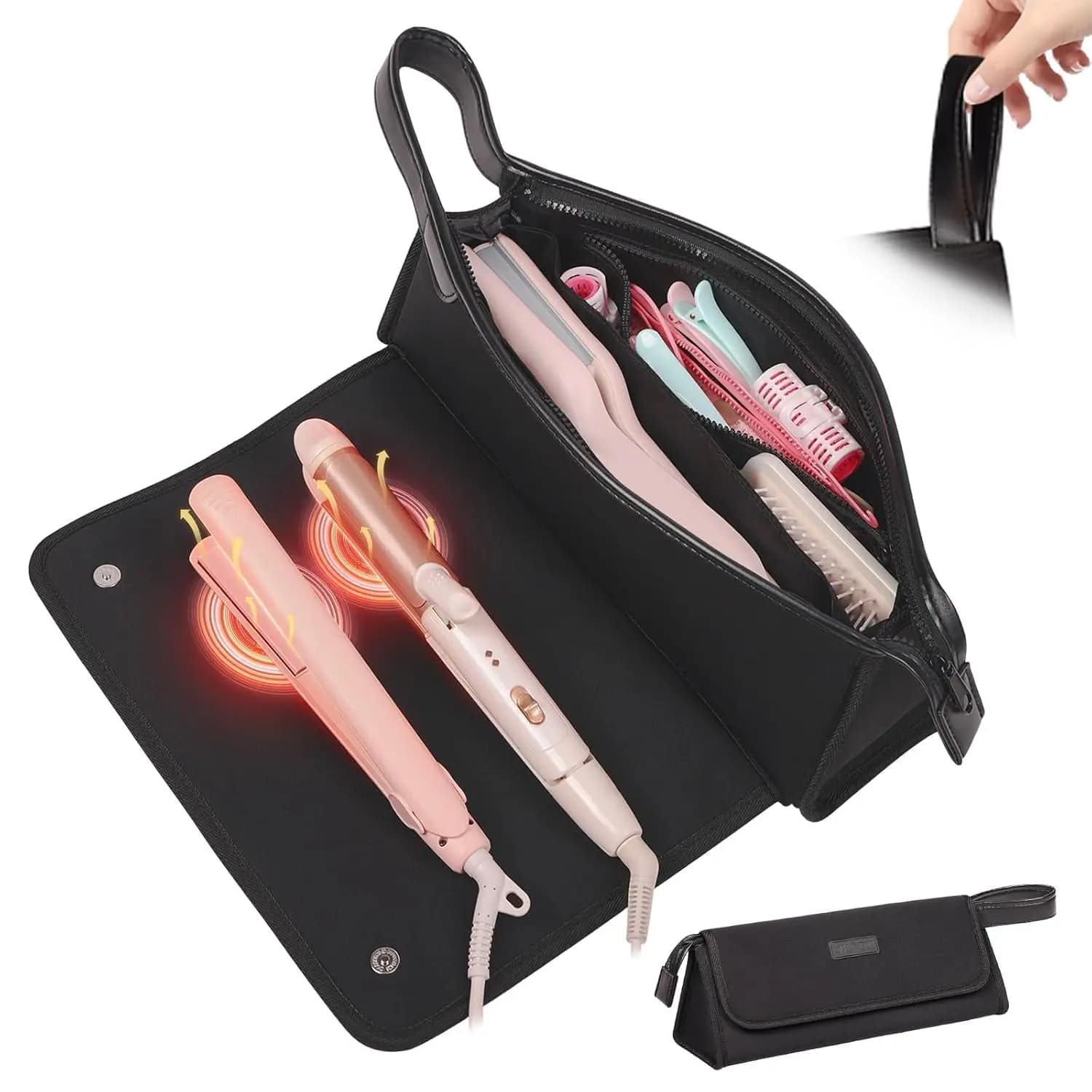 Borsa da viaggio 2-in-1 per strumenti per capelli e tappetino resistente al calore, organizer portatile per ferro arricciacapelli, piastra per capelli, manico in PU, neoprene, nero elegante