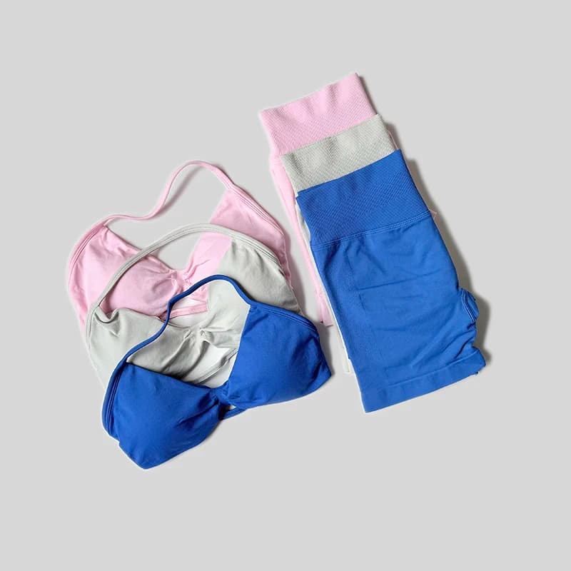 Donna Solid Fitness Gym Bike Yoga Set Vita alta Pesca Legging corto Halter Neck Reggiseno sportivo 2 pezzi Tuta da palestra atletica