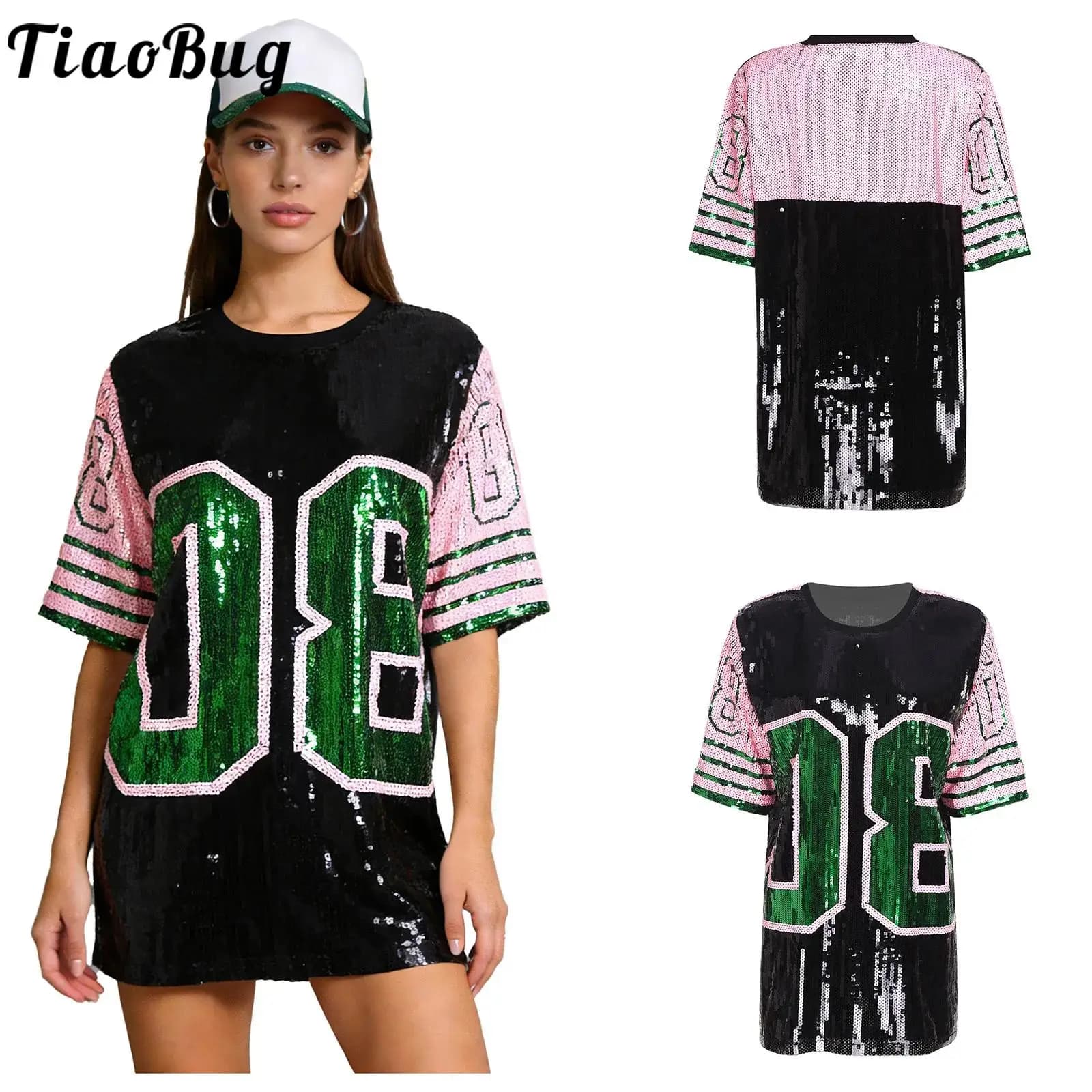 T-shirt Sportiva da Donna con Grafica Numerica, Maniche Corte, Paillettes e Patchwork, Ideale per Partite di Calcio e Feste