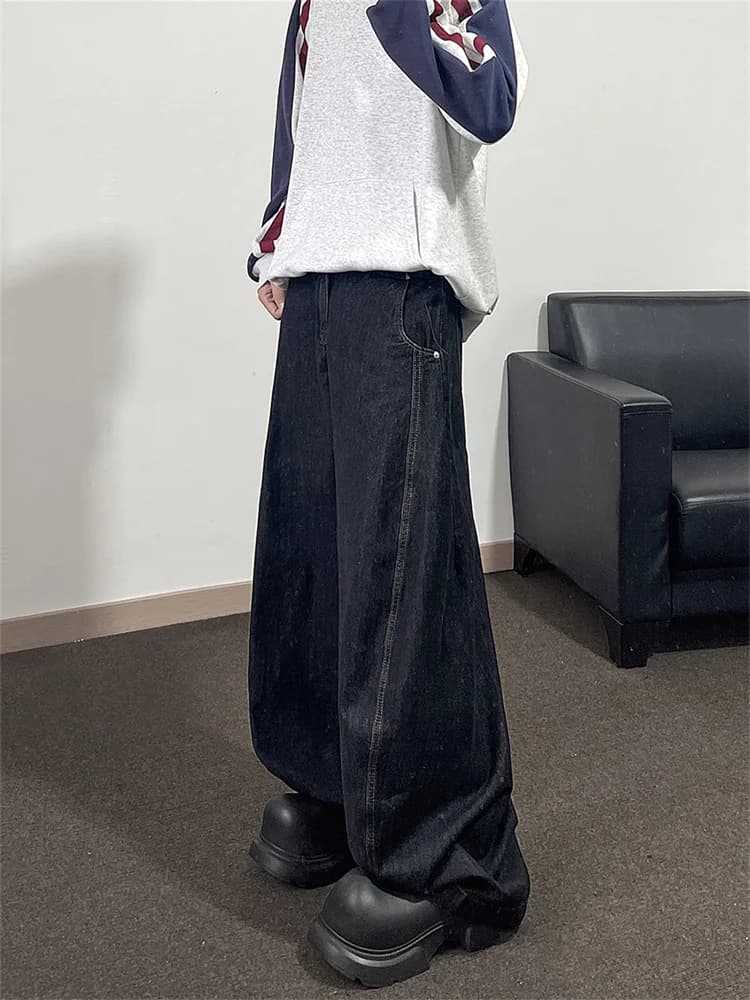 Jeans Neri Larghi a Gamba Dritta da Uomo, Pantaloni Lunghi a Gamba Larga, Casual, Vintage, di Tendenza, Streetwear, Moda Giovanile Autunnale