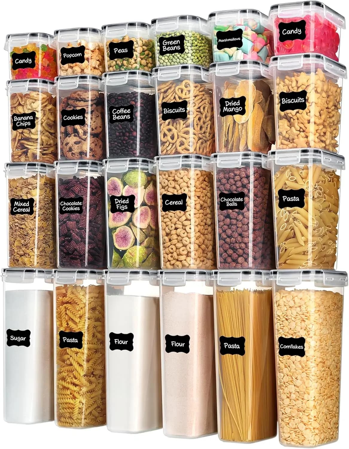 24 Pcs Airtight Food Storage Containers with Lids, BPA Free Plastic Canisters for Kitchen Pantry Organization, 4 Sizes for Cereal, Flour, Sugar, Includes 24 Labels, Black