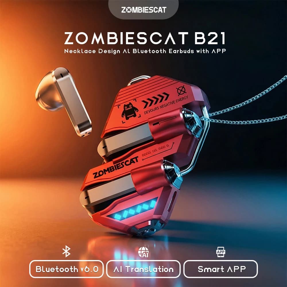 Auricolari Bluetooth 6.0 Zombi Cat B21 in Lega con Traduzione AI in Tempo Reale, Cuffie Semi In-Ear TWS Wireless con App Intelligente