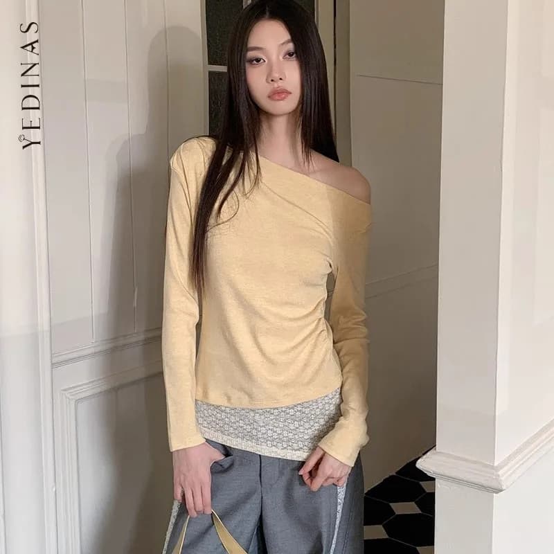 Yedinas Patchwork Lace T Shirt Women Clothes Long Sleeve Korean Fashion Streetwear Off Shoulder Autumn Tops 2000s Clothes Y2k