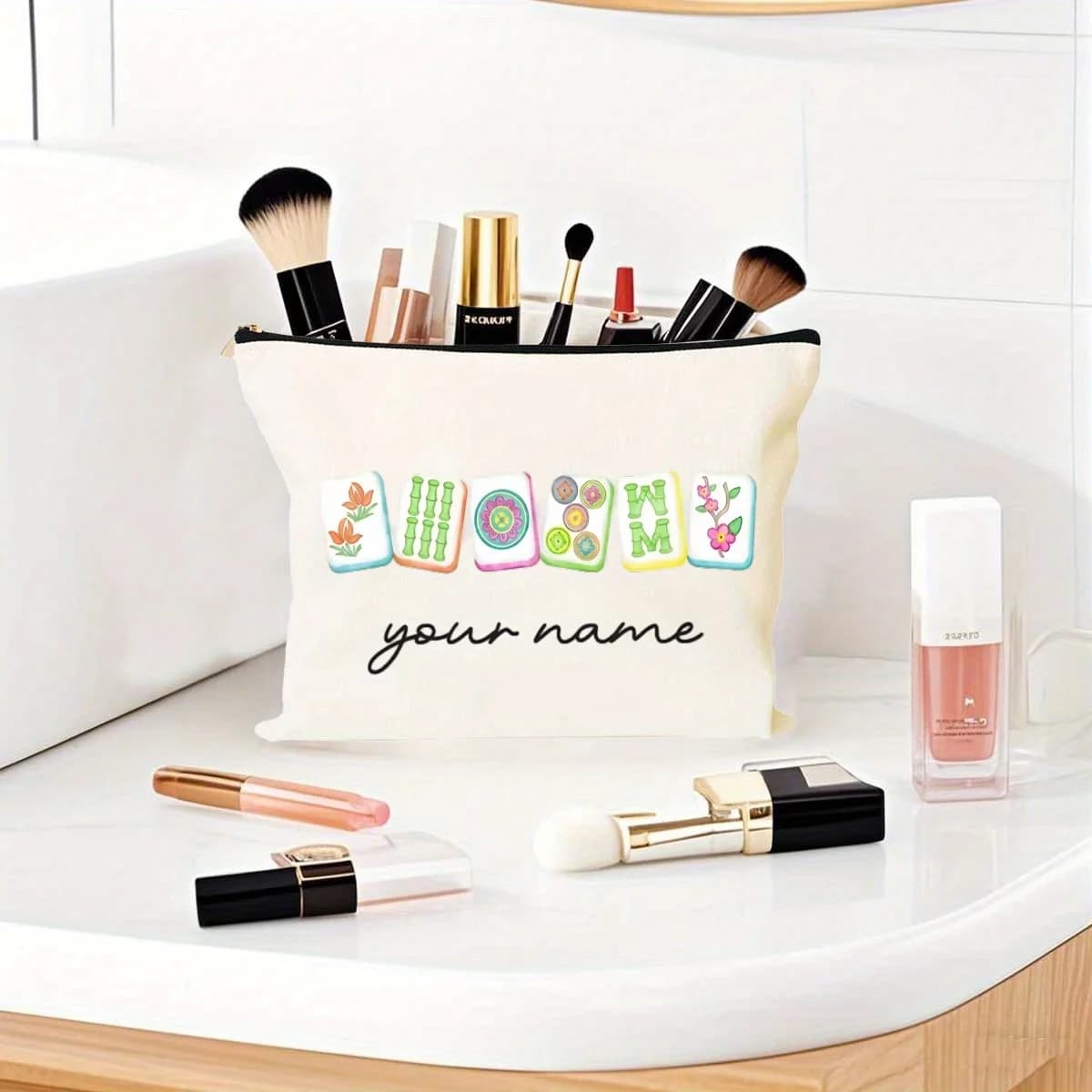 Borsa per il Trucco con Design Personalizzato a Tema Mahjong, Pochette da Viaggio Portatile con Cerniera, Regalo Personalizzato Perfetto per gli Appassionati di Mahjong