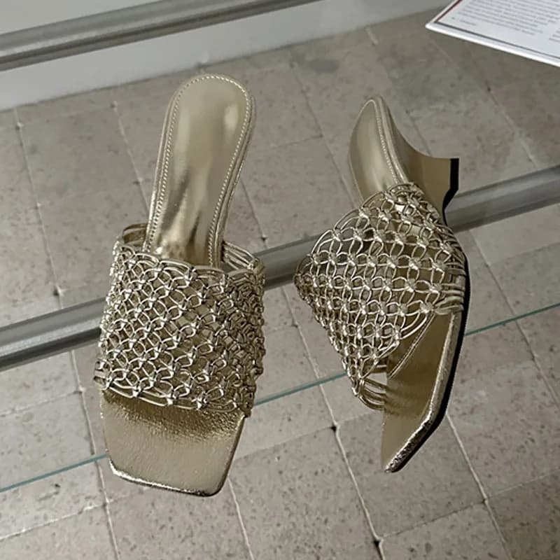 Eilyken Fashion Summer Hollow Out Weave Women Slippers Designer Wedges High Heels Square Toe Banquet Slide Shoes