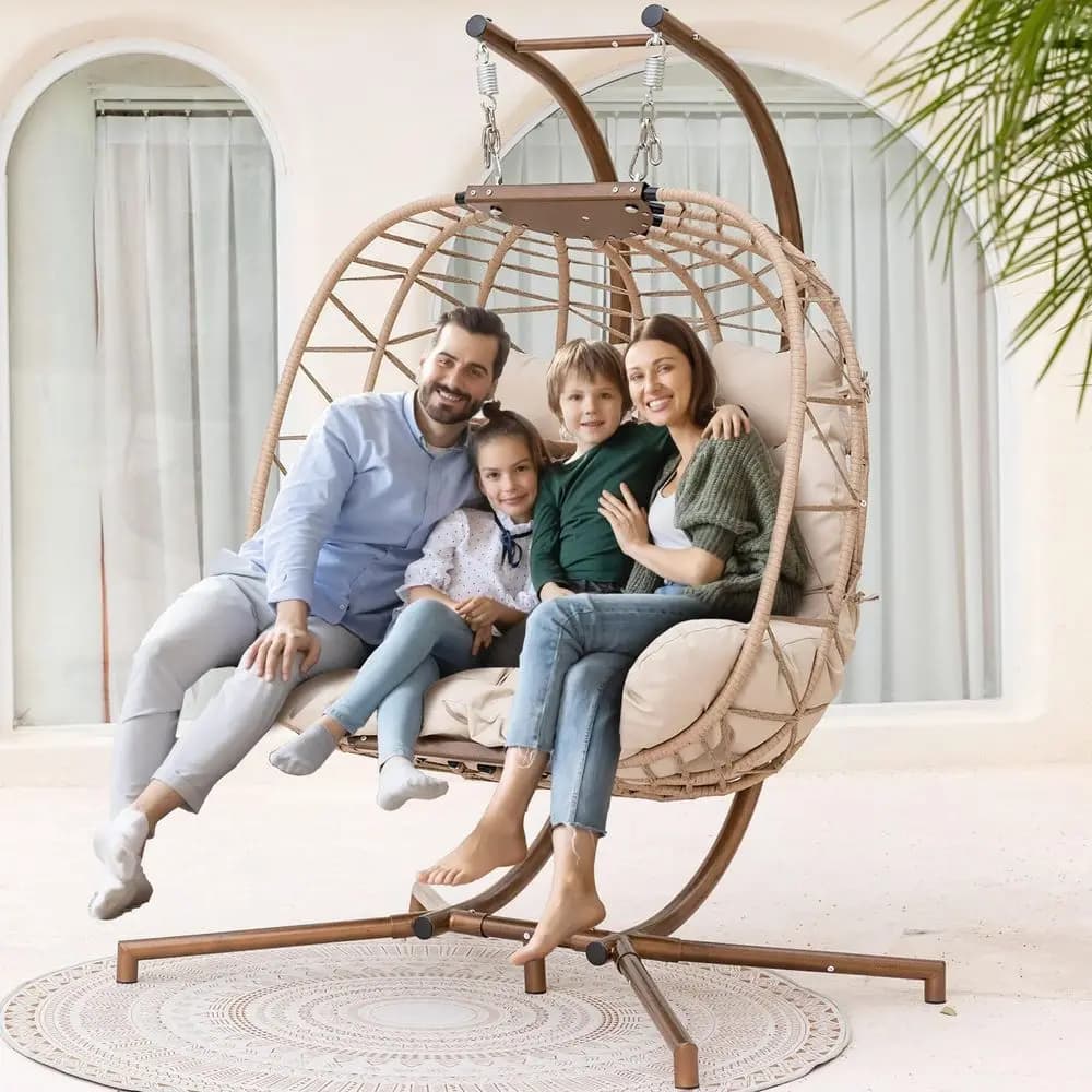 Extra Large Vimini Shower Chair for 2 Persons with Support, Interior-External Sofa, Oversize Suspended Basket with Bearings, Beige
