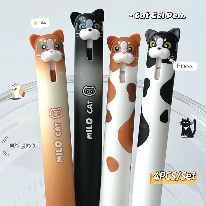 Set di 4 Penne Gel Stile Gatto Carino, 0.5mm, Asciugatura Rapida, Inchiostro Nero, Design Creativo Animale, Scrittura Fluida, Forniture per Ufficio