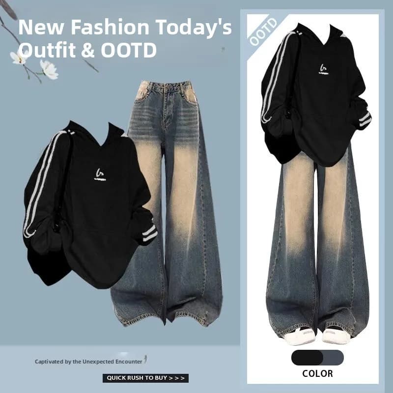 Complete two pieces of woman: Long sleeved hoodie and high waist jeans, Korean style, for spring