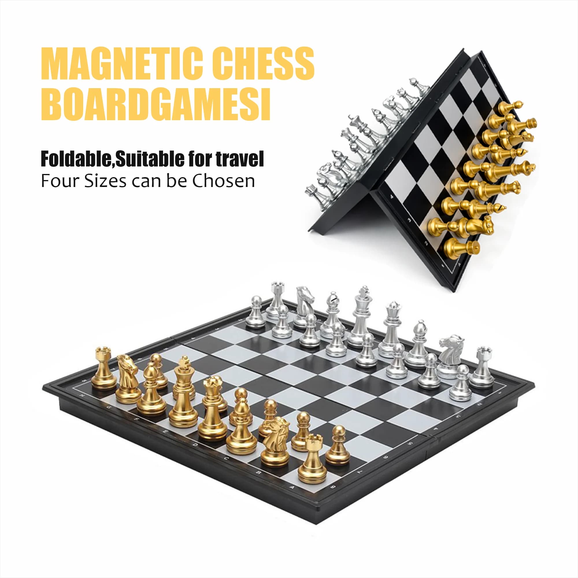 Set di Scacchi Magnetico Pieghevole, Gioco da Tavolo Oro e Argento in 4 Misure, Gioco Educativo Portatile da Viaggio per Bambini, Ragazzi e Ragazze