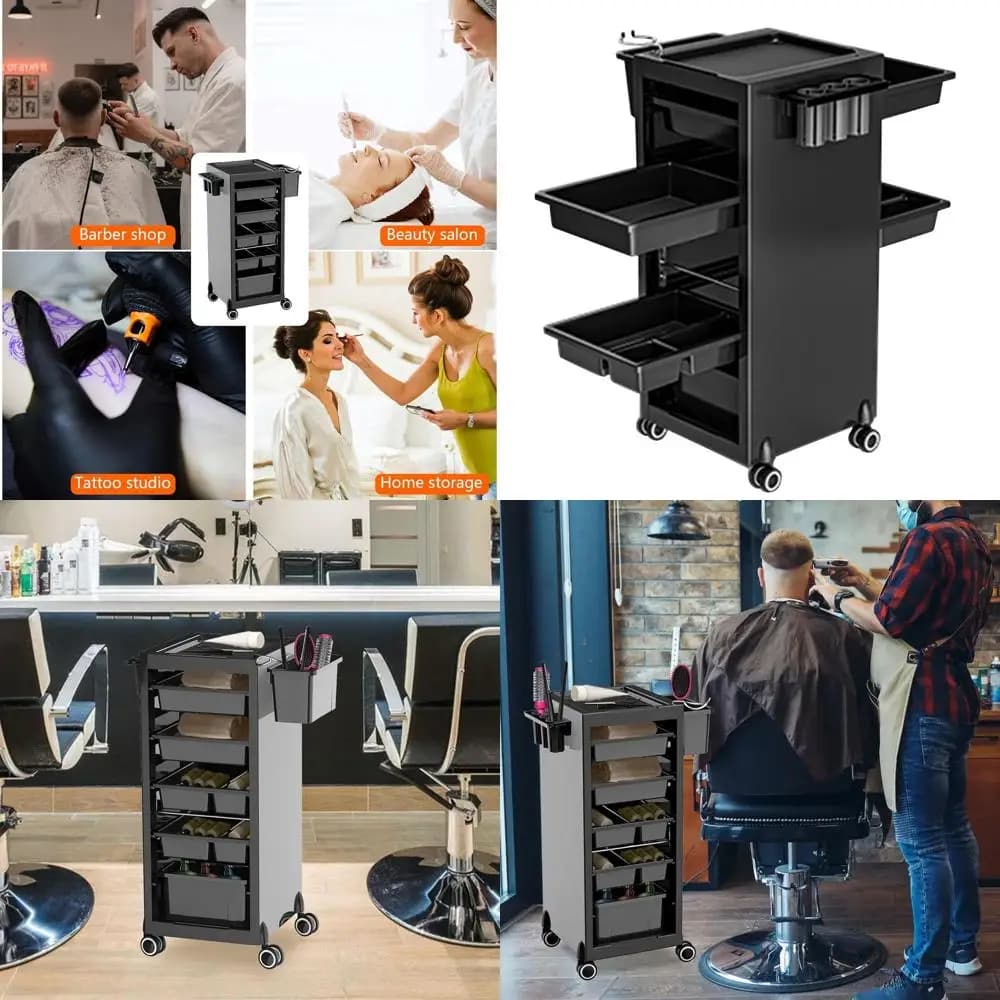 6 shelves trolley with storage compartment, Support for Hairdryer and Wheels for Mobility