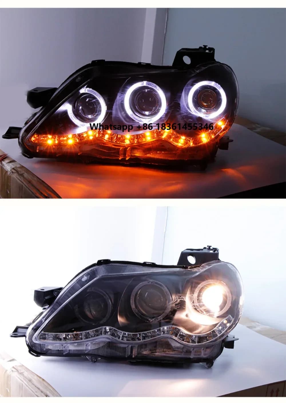 Coppia di gruppi ottici anteriori per Reiz 2005-09 con luci diurne a LED DRL e indicatori di direzione.