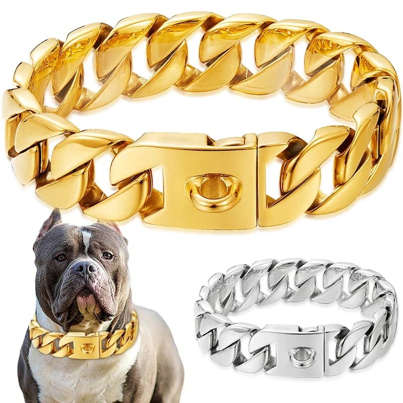 Collare per cani in oro fuso in acciaio inossidabile resistente da 32 mm Collana con fibbia solida Bully Fighting Catena per cani di grandi dimensioni