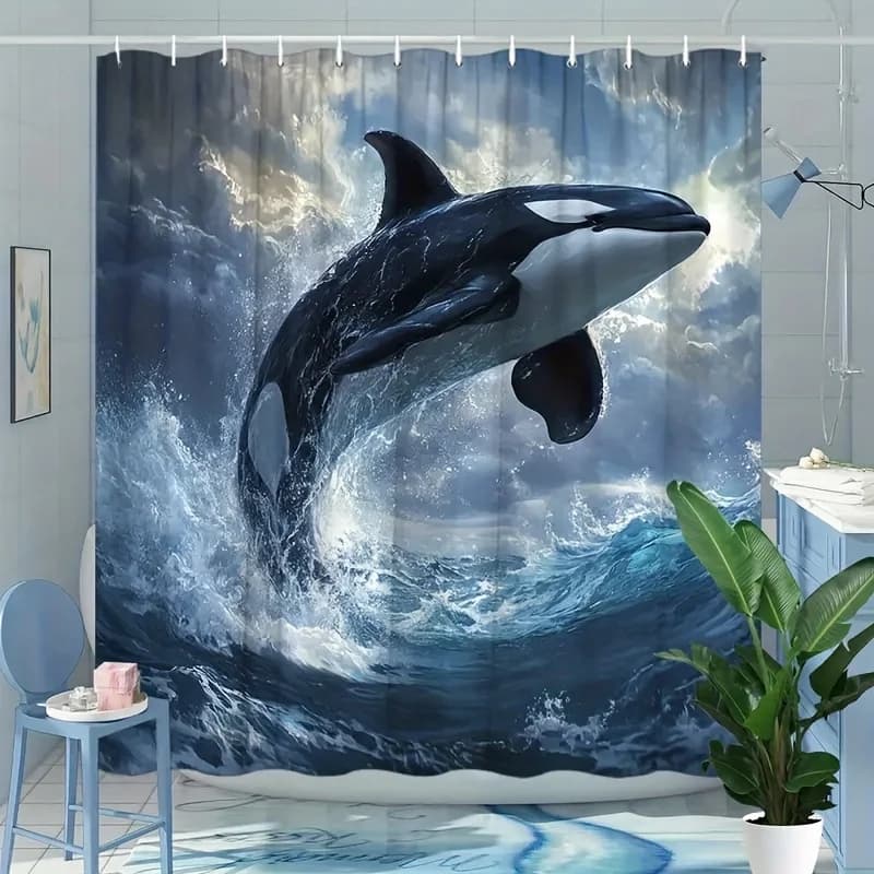 1pc Orca Whale Leaping Through Waves Shower Curtain - Vibrant Ocean Animal Print, Machine Washable Polyester Fabric, Multi-Size