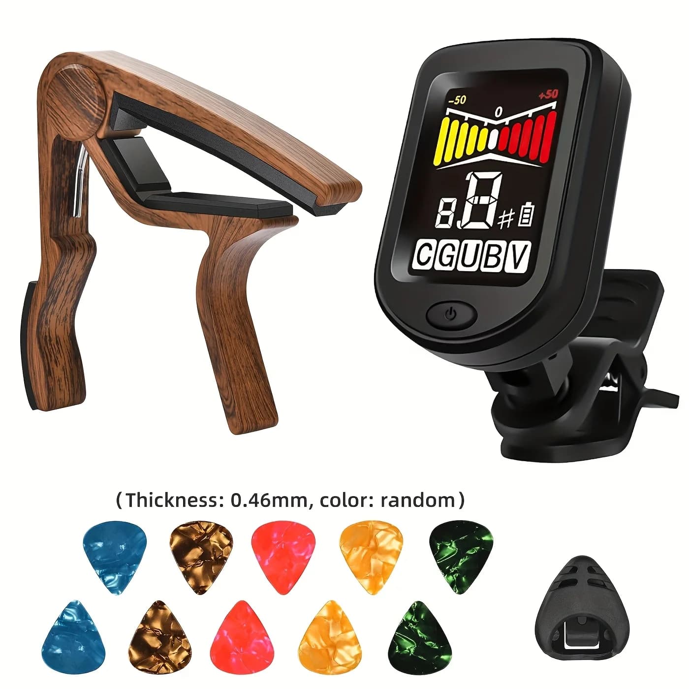 Set capotasto e accordatore per chitarra con 10 plettri in cellulosa – Accordatore digitale a clip per chitarre acustiche ed elettriche, capotasto in metallo effetto legno