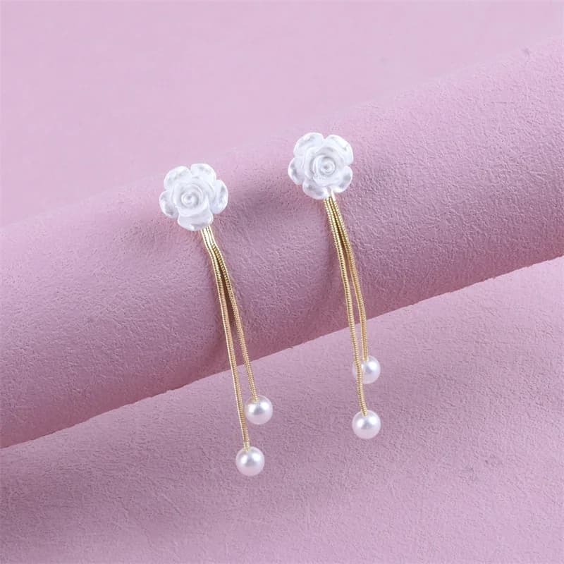 Trending White Rose Flower Tassel Drop Earrings for Women Girls Long Minimalist Elegant Dangle Earrings Unusual Wedding Jewelry