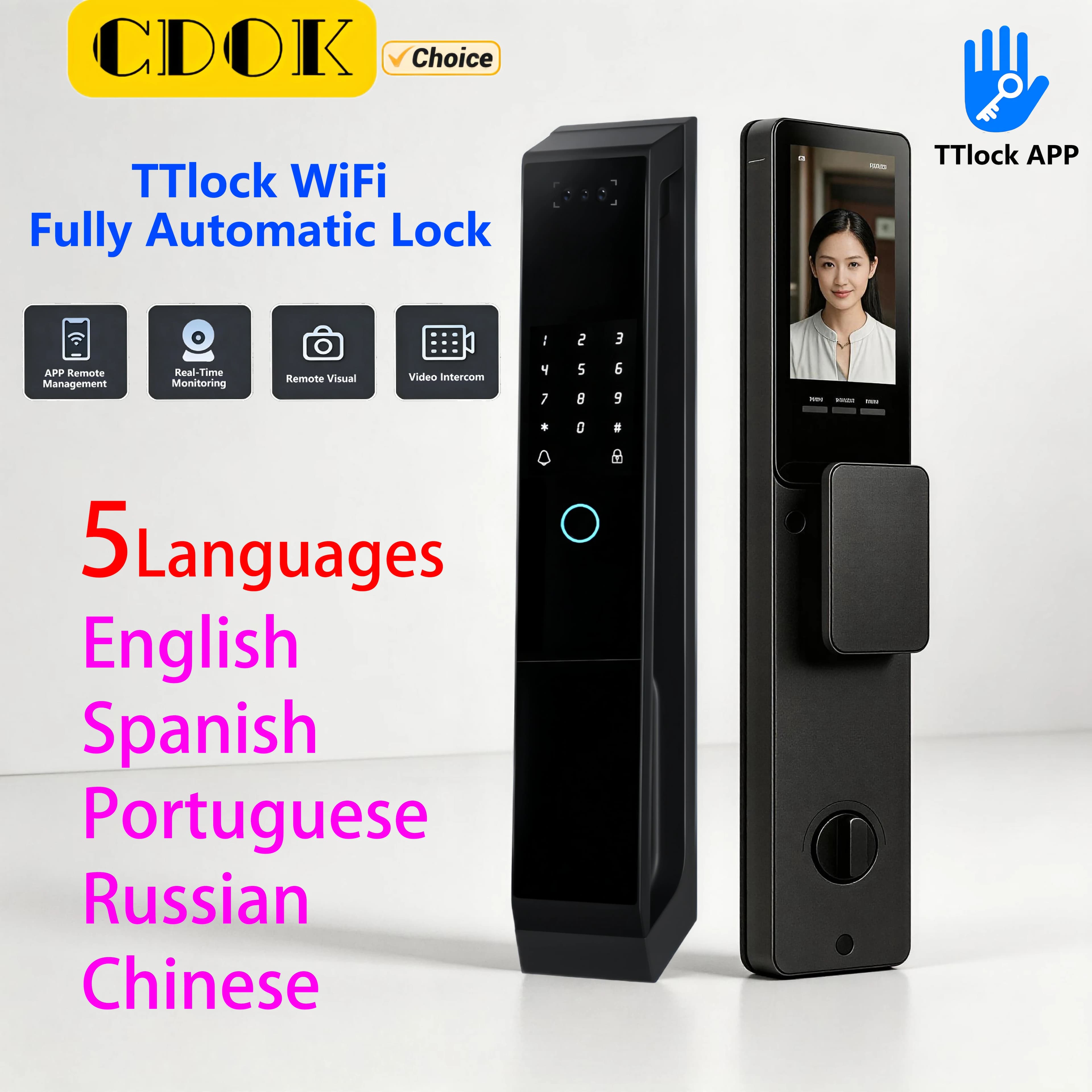 CDOK P20 TTlock WiFi Fully Automatic Smart Lock: Remote Unlocking, Video Calling, Face Recognition, Multifunctional