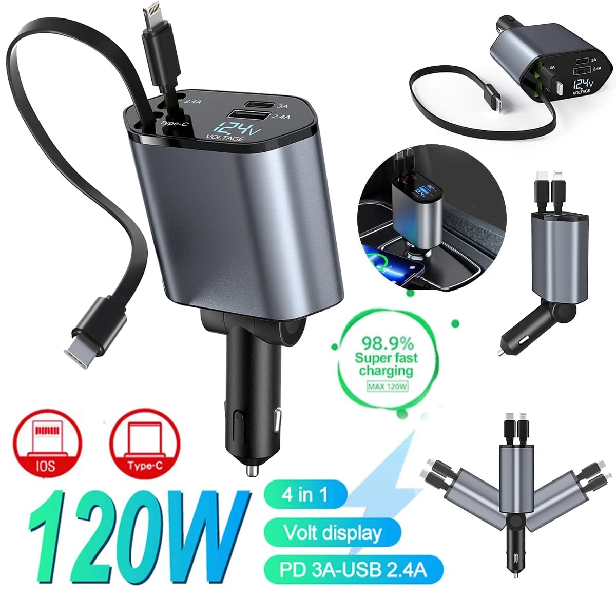 Caricabatteria per auto da 120 W Ricarica flash per ricarica super veloce, cavo telescopico Caricabatteria per auto 4 in 1 Adattatore per 2 porte USB compatibile