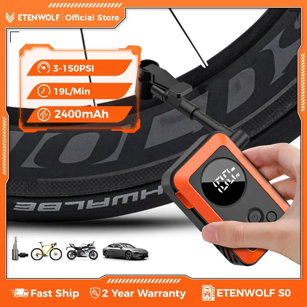 ETENWOLF S0 Mini Pompa per Bici Elettrica Batteria 2400mAh con Display 150PSI Gonfiatore Cordless Portatile per Bici da Montagna e da Strada