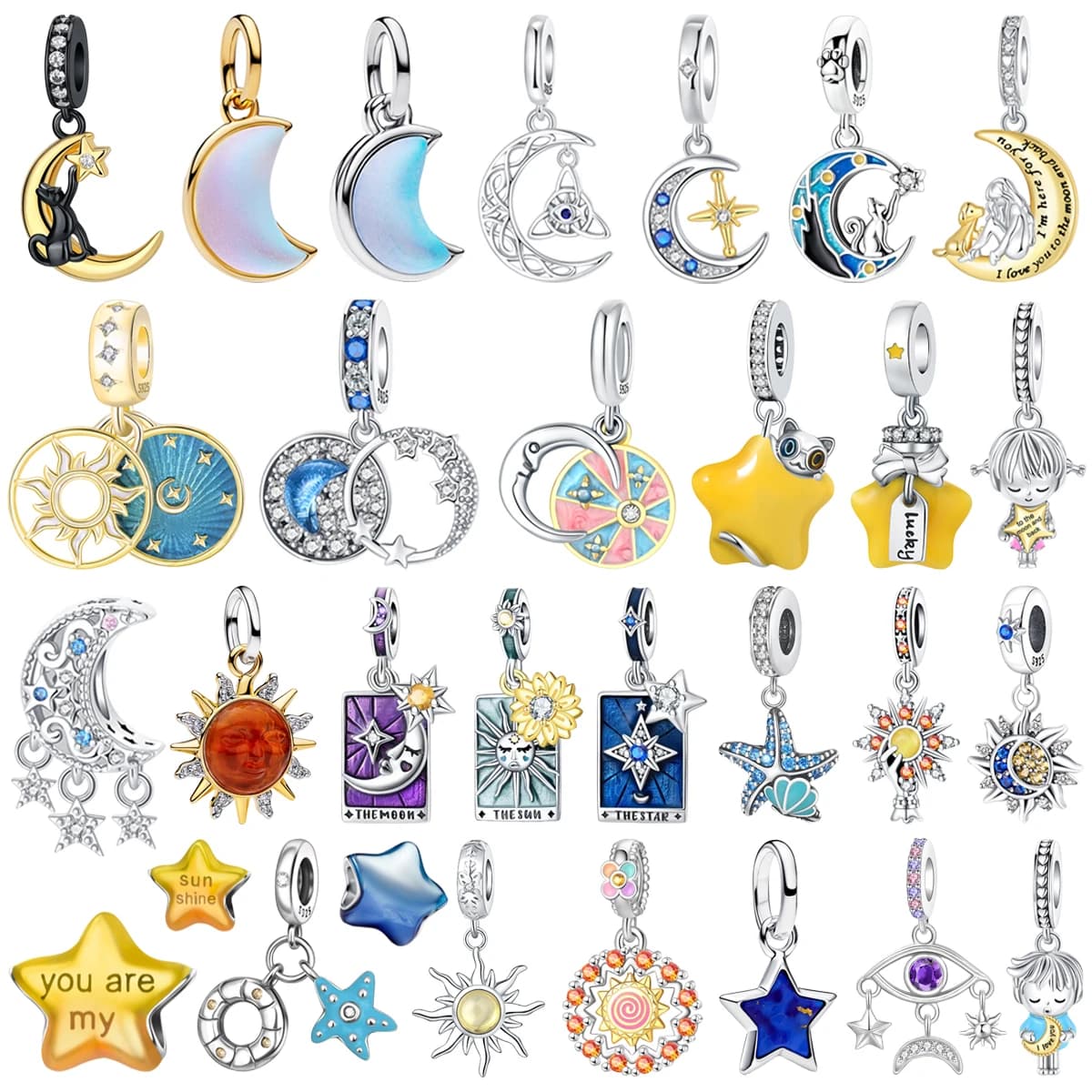 Hot Sales 925 Sterling Silver Lucky Sparkling Moon Star Sun Tarot Card Bead Pendant fit Bracelet Necklace Exquisite Jewelry Gift