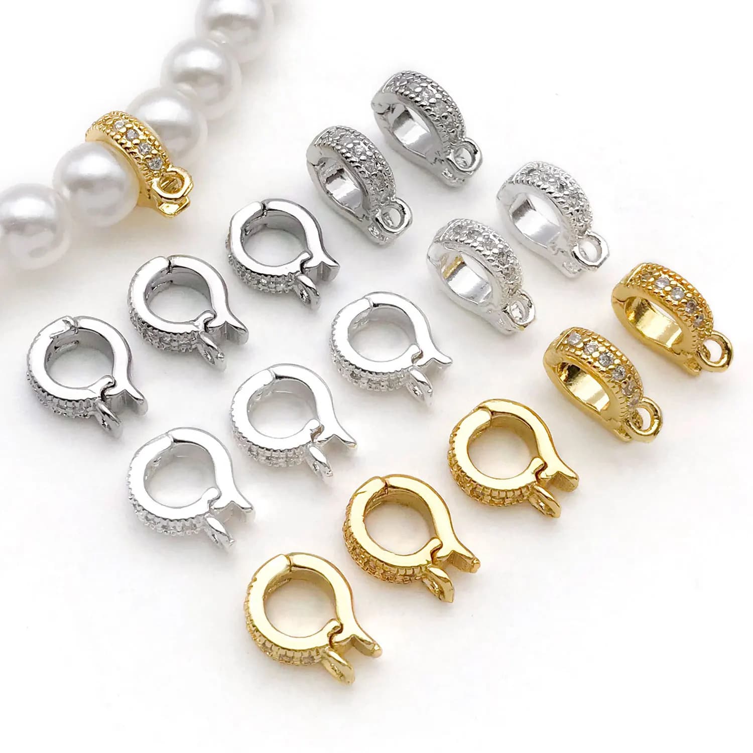 5 pz 18 K Placcato Oro Reale Ottone Intarsio Zircone Incernierato Pendenti E Ciondoli Enhancer Bail Catenacci, Fibbia Per Semi di Melone per la Creazione di Gioielli FAI DA TE