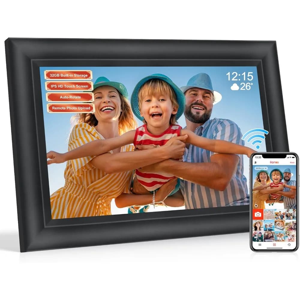 Cornice Digitale WiFi Smart da 10.1 Pollici con 32GB di Memoria, Slot SD, Schermo Touch IPS e Rotazione Automatica