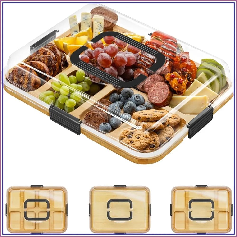 Charcuterie Board with Clear Lid, Portable Travel Cheese Cutting Board, Bamboo Serving Tray with Lids, 8 Compartments, Black Handles, House Warming Gift