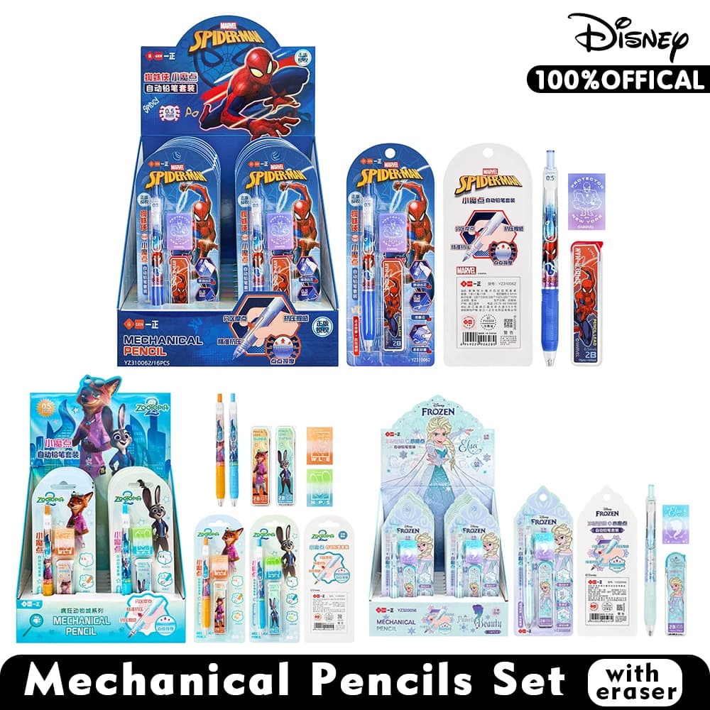 Genuine Disney Mechanical Pencil Set Spider Man Zootopia Frozen 0.5mm Automatic Pen with Refill Lead Eraser Stationery Gifts
