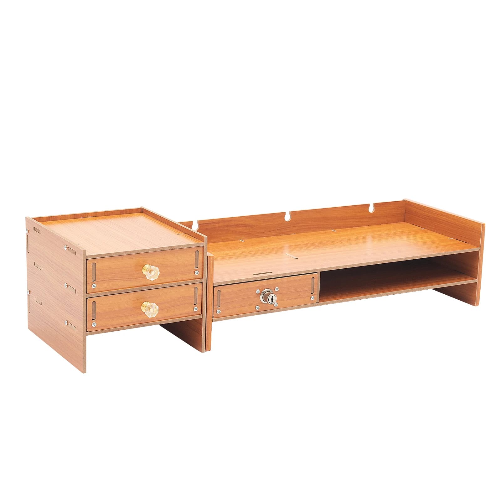 Wooden Computer Monitor Stand with 3 Drawers, Monitor Stand with Lockable Office Storage Cabinet, Adjustable Side Computer Desktop Organizer for Study, Home Office