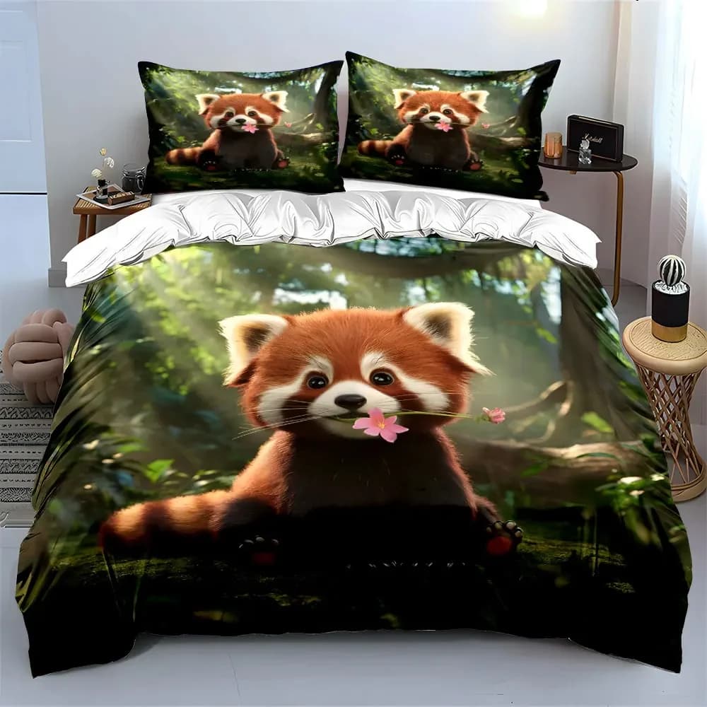 Set Decorativo Panda Rosso Cartone Animato - Set Biancheria da Letto Morbido e Confortevole con 1 Copripiumino e 2 Federe, Regalo