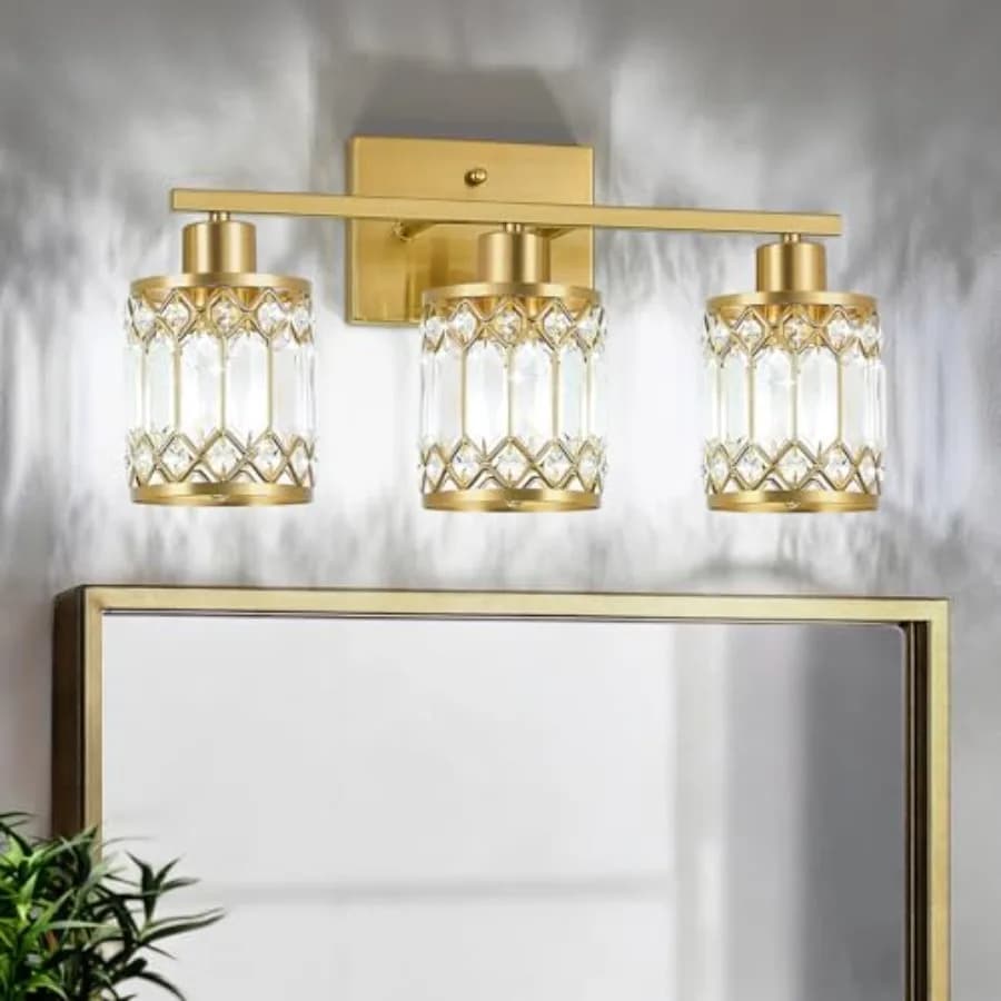 Lampada da Bagno Moderna in Cristallo a 3 Luci, Applique da Parete Oro Spazzolato per Specchio, Bagno e Camera da Letto