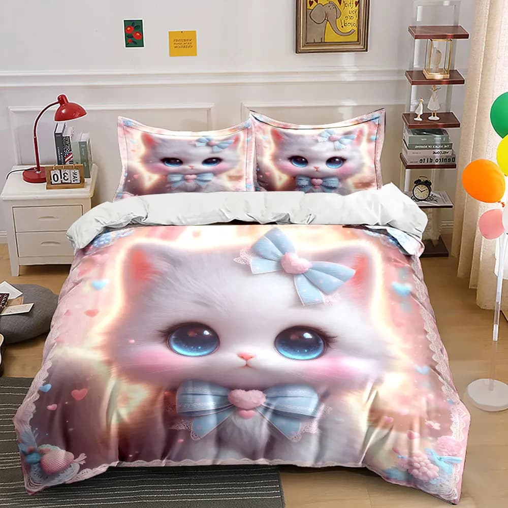 Set di biancheria da letto con stampa romantica e decorazioni a forma di orecchie di gatto, 1 copripiumino, 2 federe per adulti e bambini, regalo di lusso, misura completa