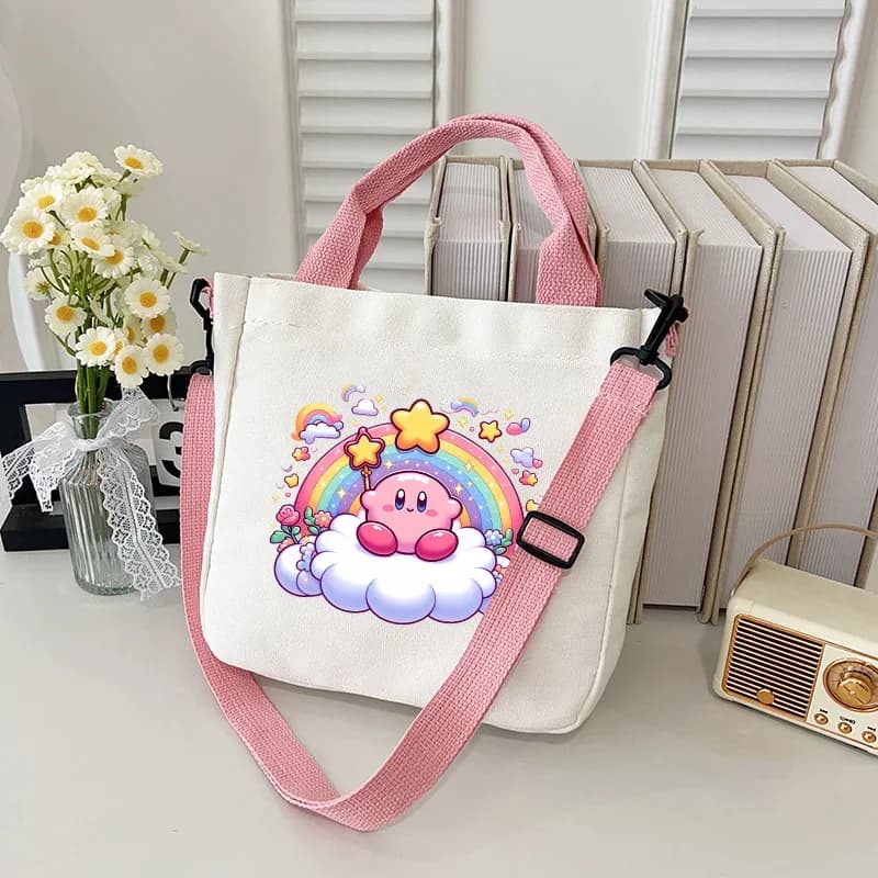 Kirbys Crossbody Bag Women Pink Anime Cute Canvas Shoulder Pack Tote Bags Outing Student Supplies Commuting Handbag BookBag Gift