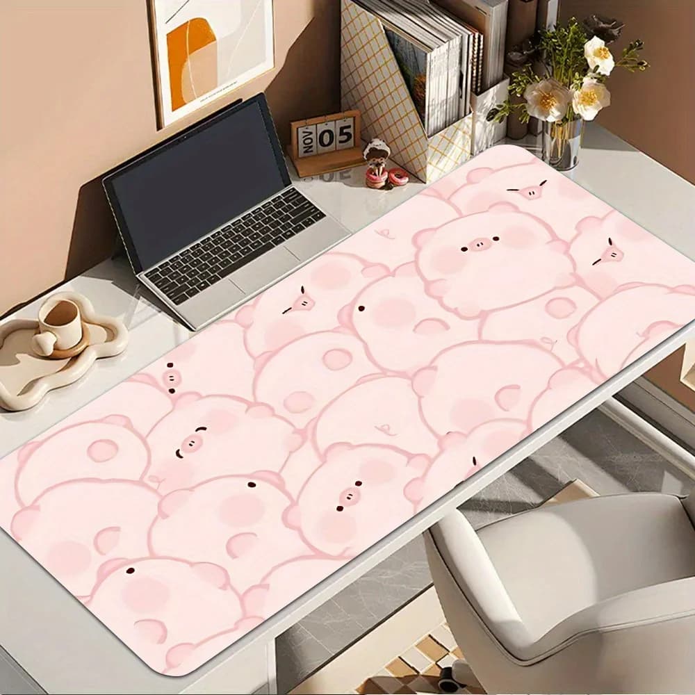 Play mouse pad with animated cartoon style plush texture with cute 1 piece pig - Non-slip rubber base, washable, desk accessories