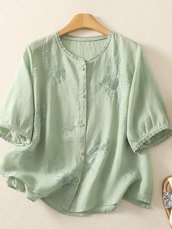 Lightweight Cotton Linen Shirt round Neck Short Sleeve Embroidered Thin Large Size Women's Lace Trim Cardigan Top Summer