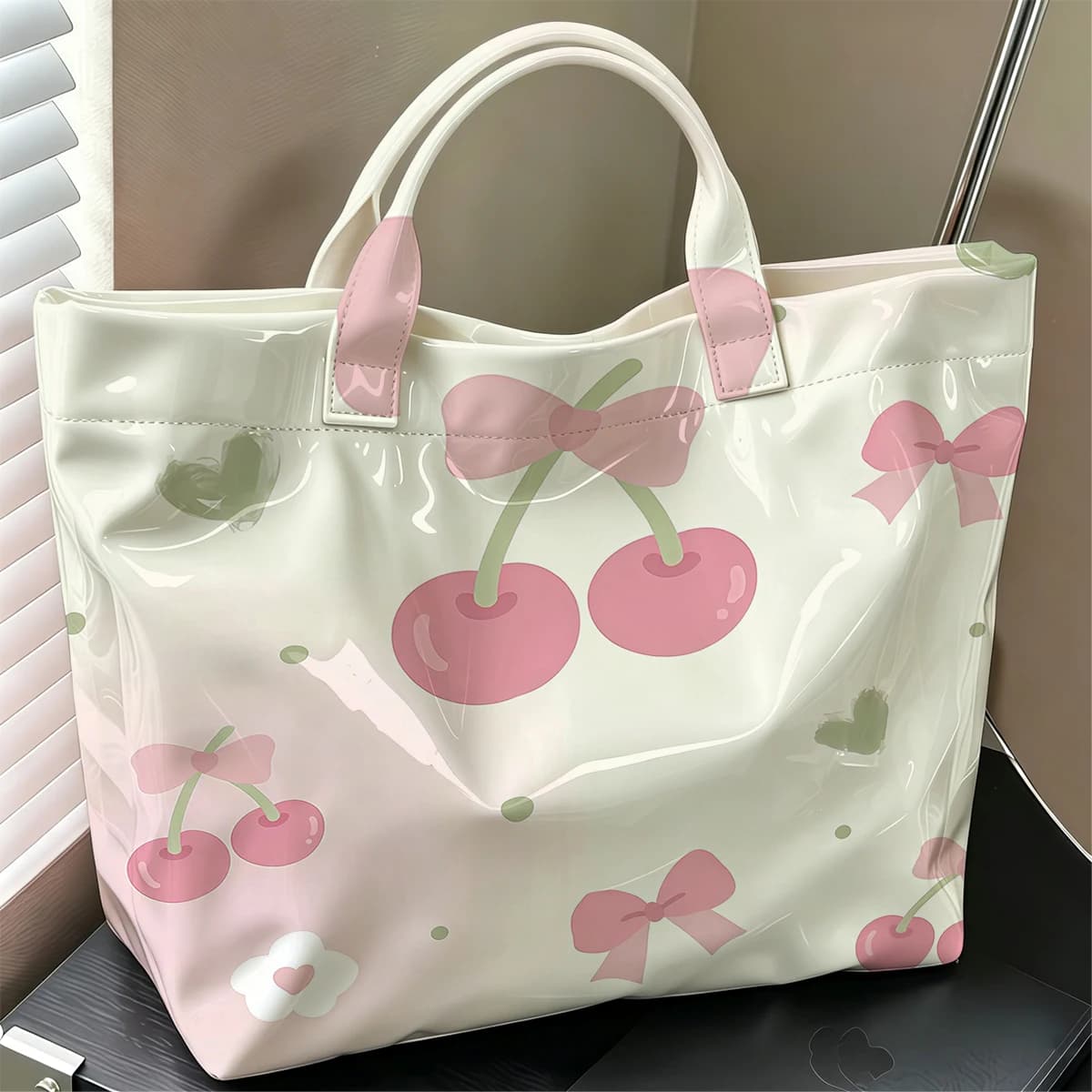 Blush-Tone Cherry Hot Sale Large Glossy PVC Tote Bag Hand Washable Waterproof Great for Travel Commute Makeup Storage Handbags