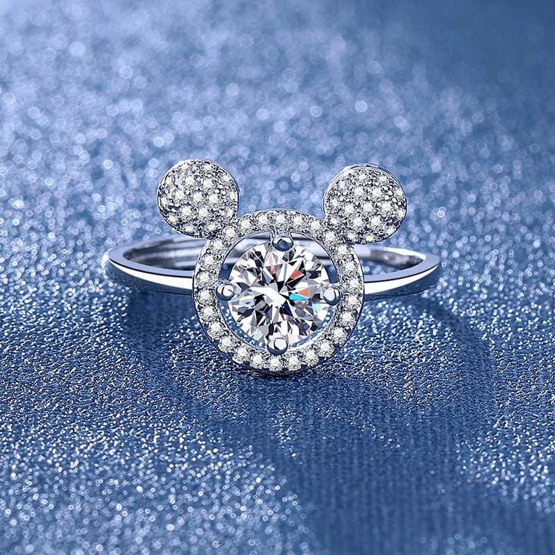 Nuovo anello in pietra ad alto contenuto di carbonio per donna, anello aperto Mickey personalizzato e carino da un carato, accessorio di moda leggero e di lusso