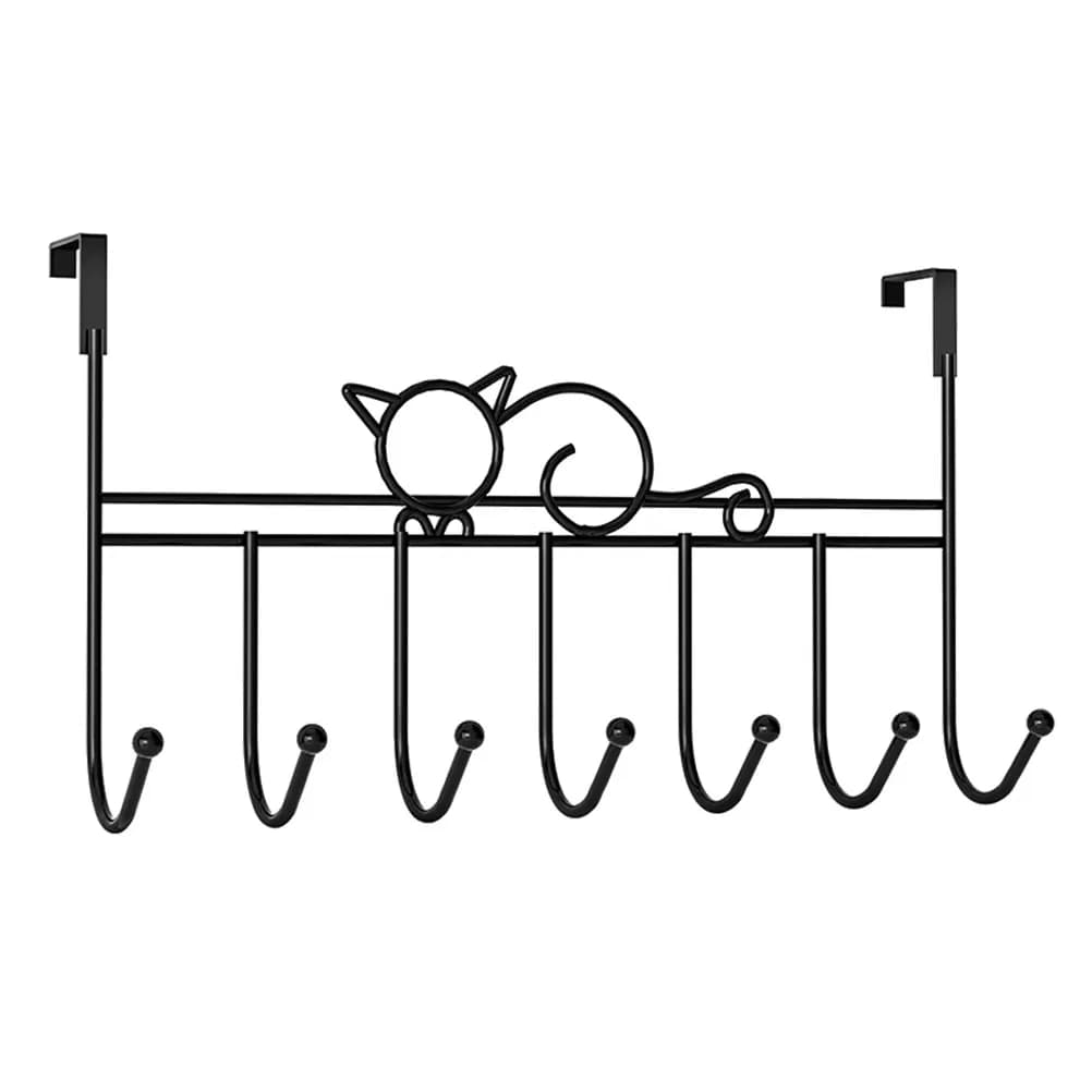 7 Hooks Coat Hook Cat Design Black Iron Door Organizer Hanging Storage Rack Towel Hooks Clothes Organizer Coat Hanger Door