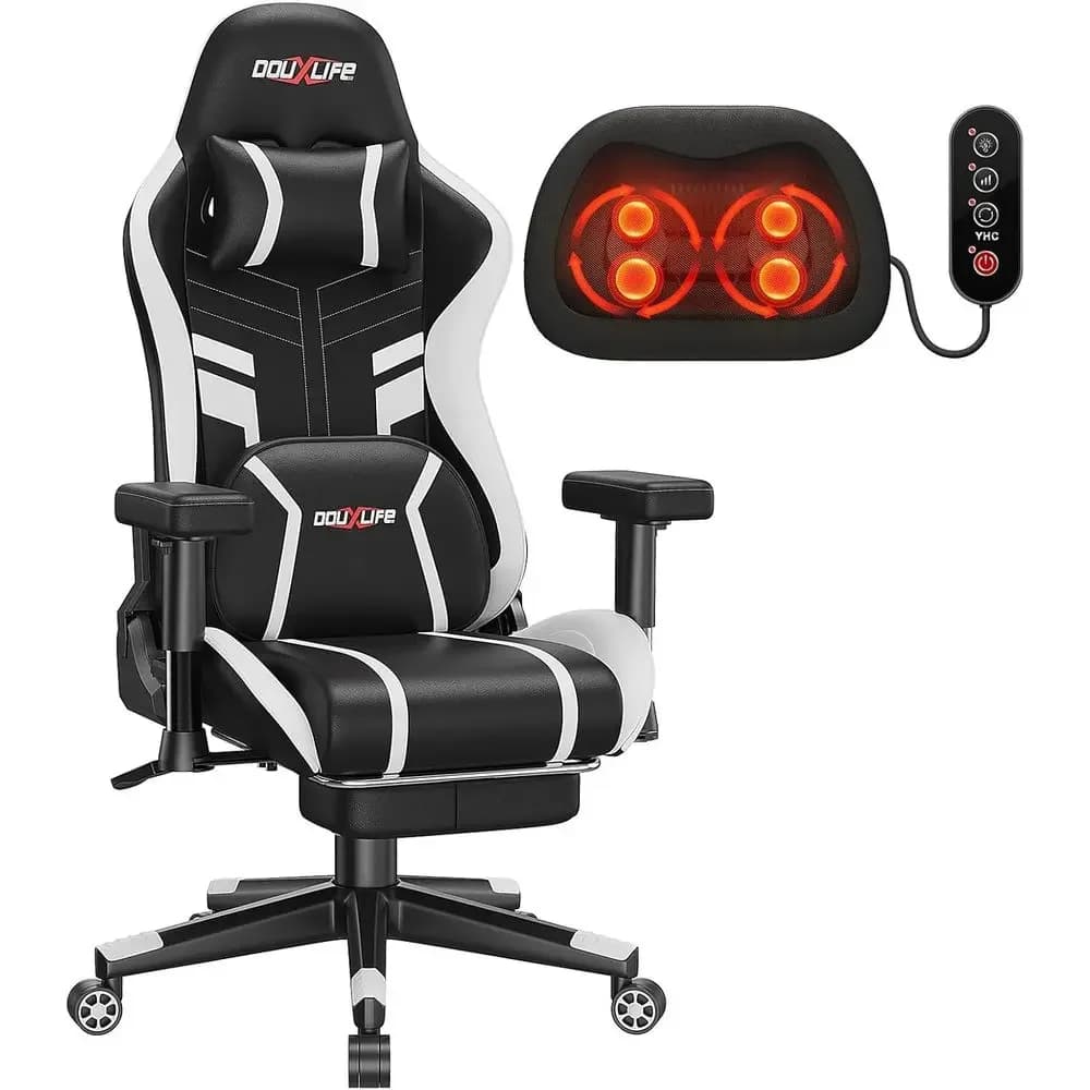 Sedia da Gaming Ergonomica 3D con Massaggio e Poggiapiedi, Braccioli Regolabili, 175 ° Poltrona reclinabile, opzione riscaldamento, bianco e nero, 400 libbre
