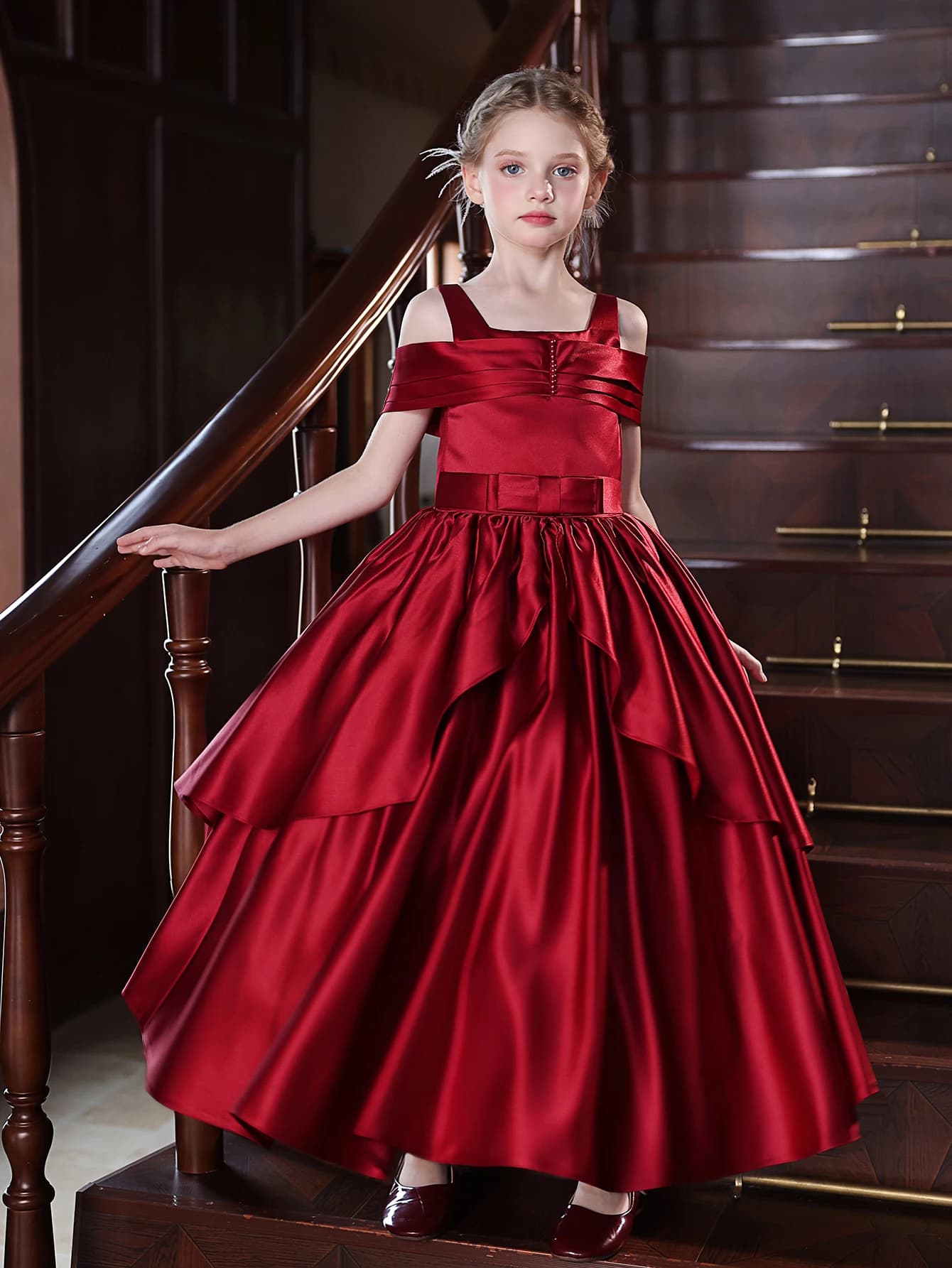 Girl's Burgundy Strappy One-Shoulder Princess Long Dress Suitable For Children's Birthday Parties Festivals Weddings Prom Dress